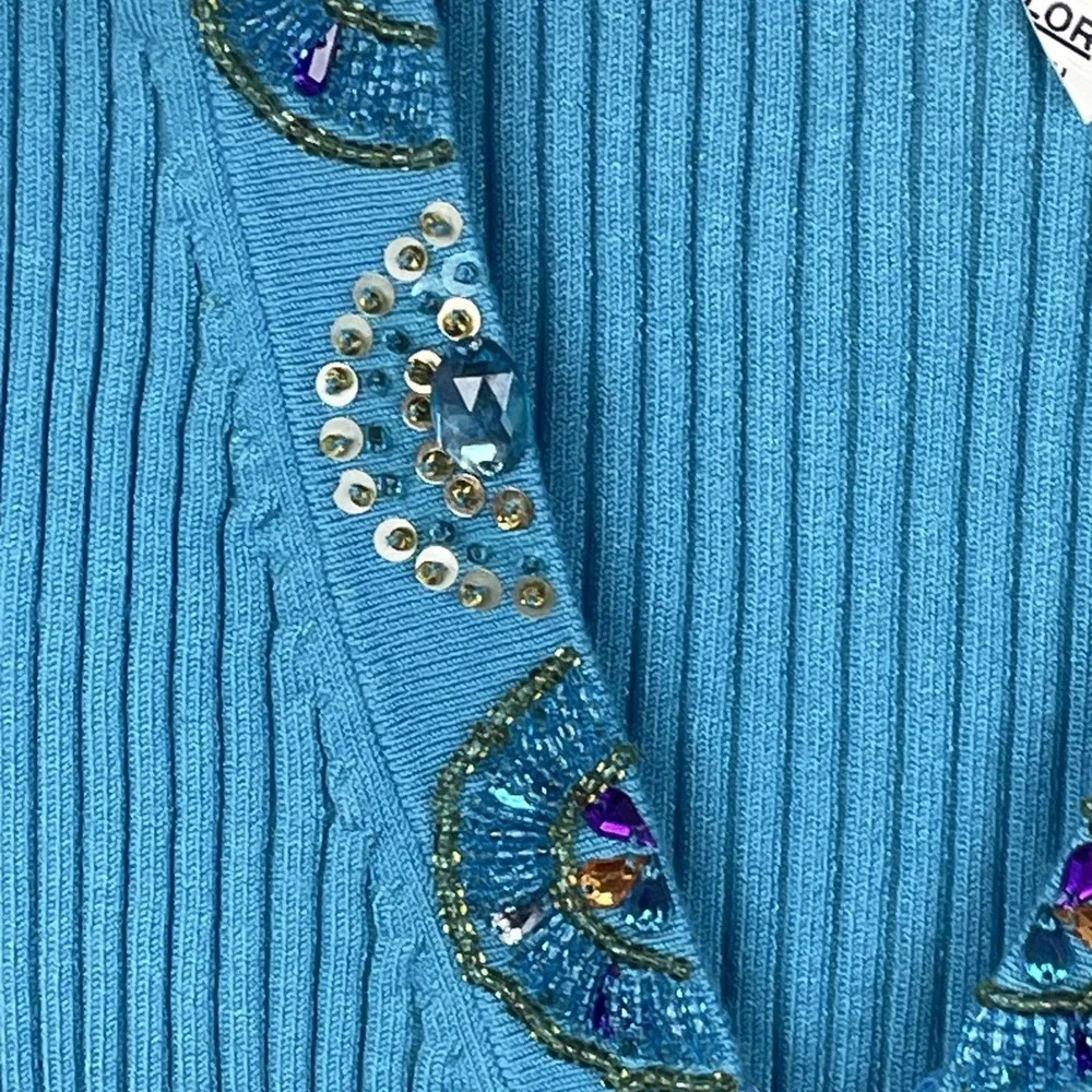 Belldini® Blue Rib Knit Stretch Sleeveless Top W/ Colorful Rhinestones Size XL‎